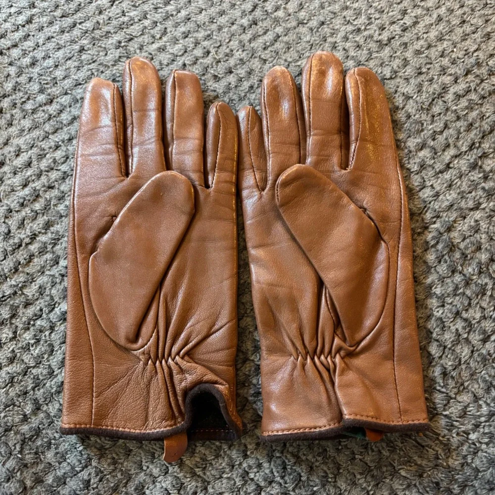 Lauren Ralph Lauren Womens Brown Leather Whipstitch Gloves RL Logo Cognac